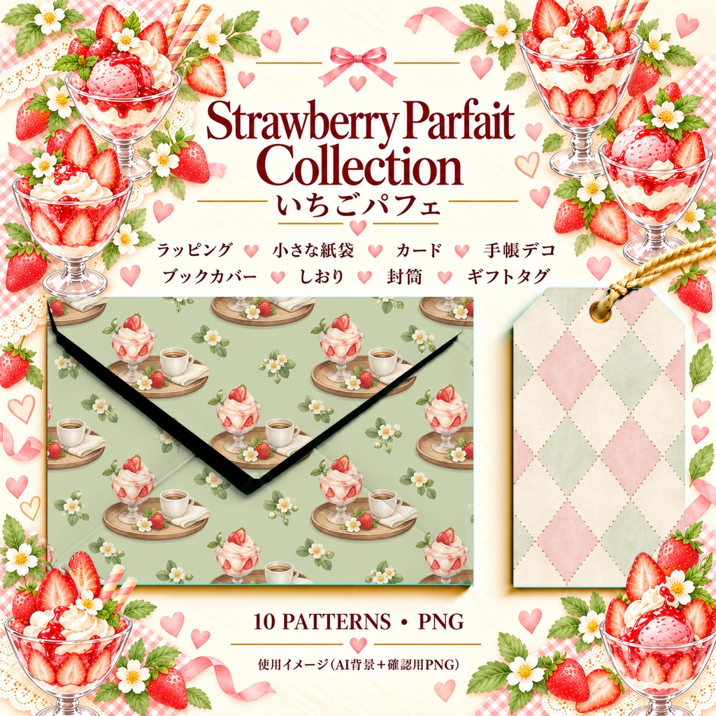 Strawberry Parfait Collection|いちごパフェ|水彩デジタルペーパー10柄|カフェ・スイーツ・手帳素材|PNG素材|A4印刷用PDF付き