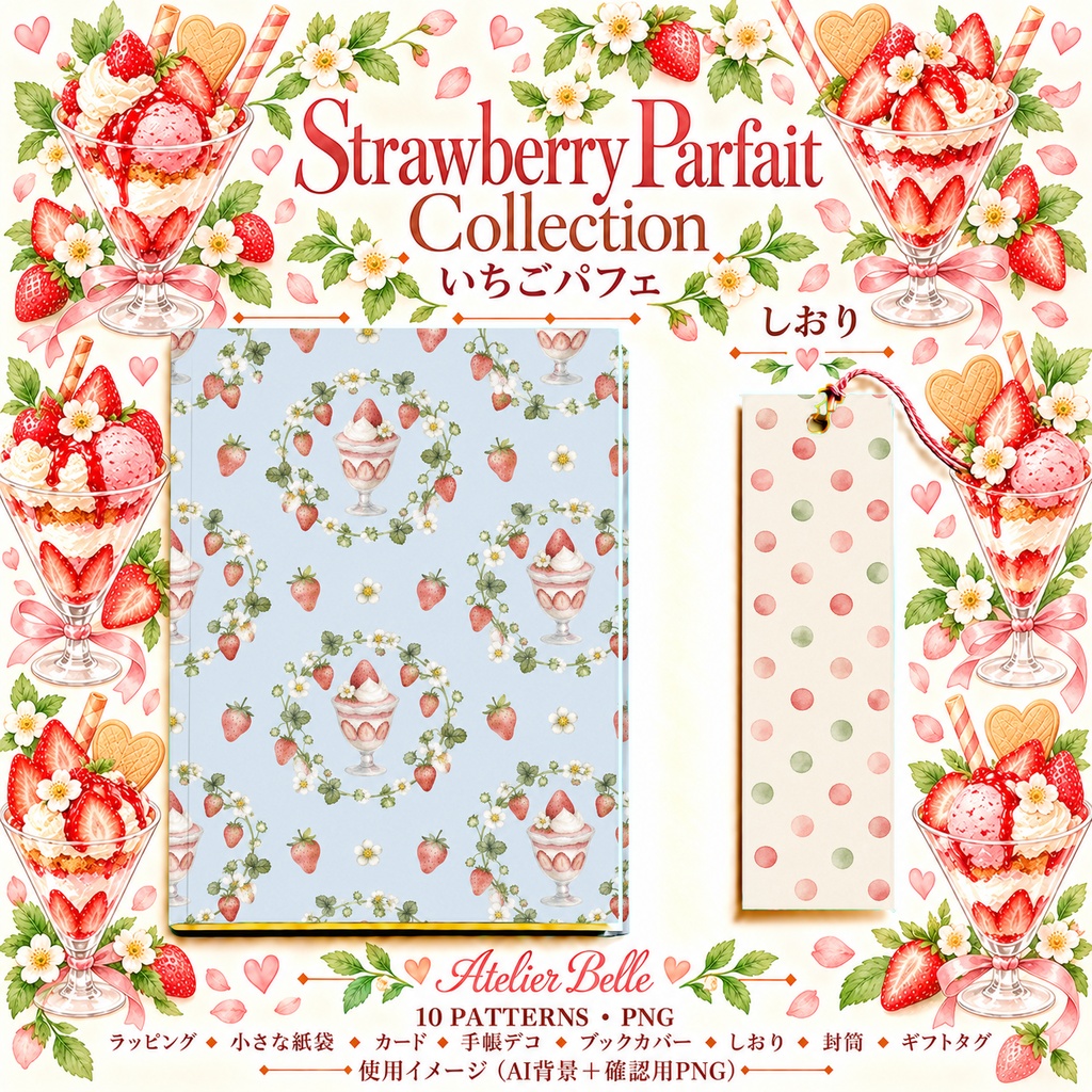Strawberry Parfait Collection|いちごパフェ|水彩デジタルペーパー10柄|カフェ・スイーツ・手帳素材|PNG素材|A4印刷用PDF付き