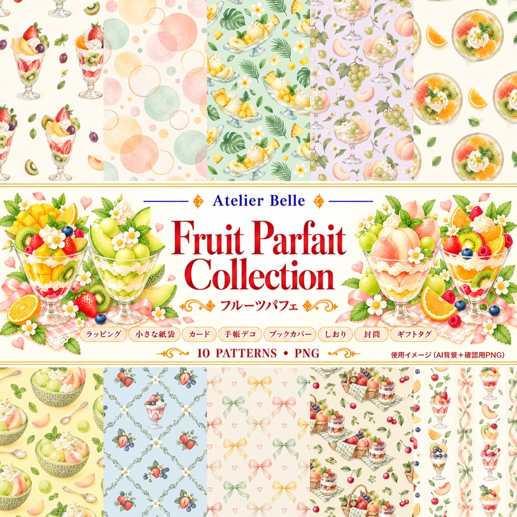 Fruit Parfait Collection|フルーツパフェ|水彩デジタルペーパー10柄|カフェ・スイーツ・手帳素材|PNG素材|A4印刷用PDF付き