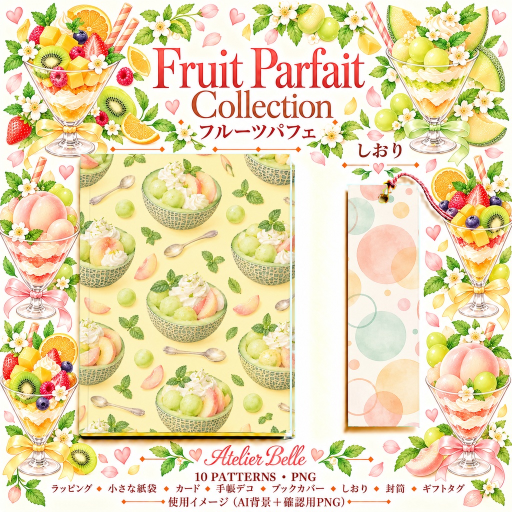 Fruit Parfait Collection|フルーツパフェ|水彩デジタルペーパー10柄|カフェ・スイーツ・手帳素材|PNG素材|A4印刷用PDF付き