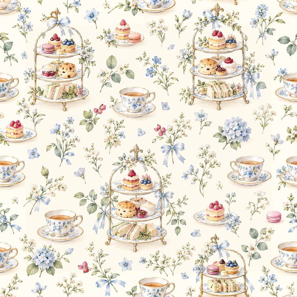 Afternoon Tea Party Collection|アフタヌーンティー|水彩デジタルペーパー10枚|紅茶・スイーツ・手帳素材・ラッピング|シームレスPNG|A4印刷用PDF付き
