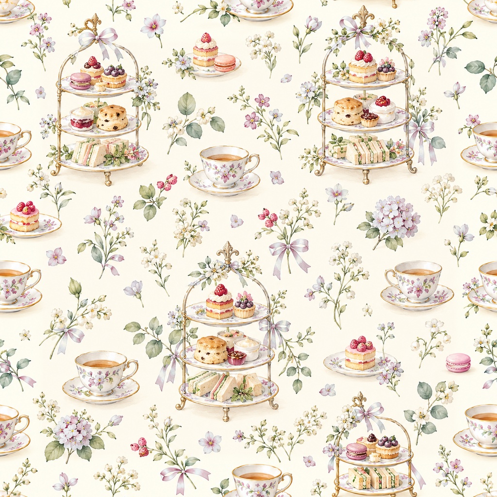 Afternoon Tea Party Collection – Lavender|淡い紫・ラベンダーのアフタヌーンティー|水彩デジタルペーパー10枚|紅茶・スイーツ・手帳素材・ラッピング|シームレスPNG|A4印刷用PDF付き