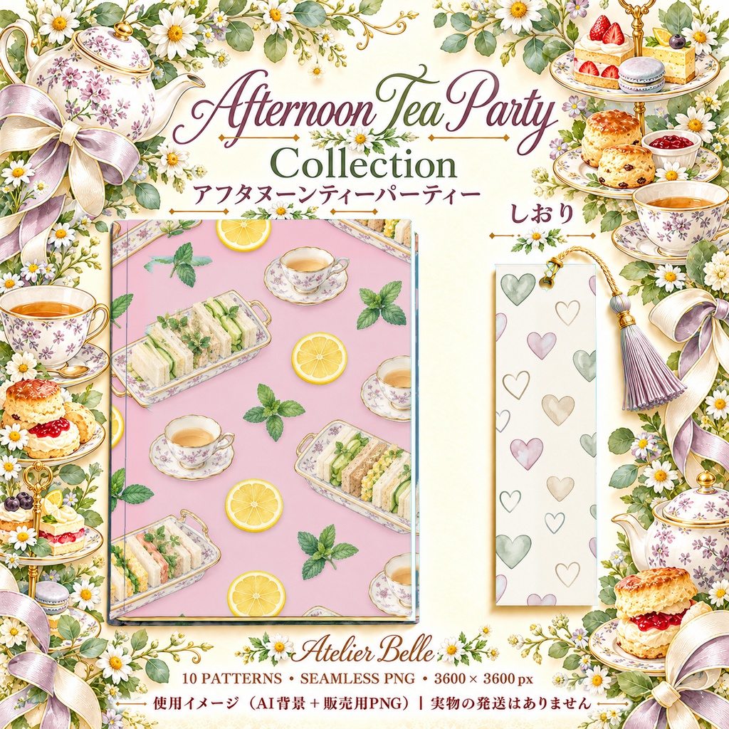 Afternoon Tea Party Collection – Lavender|淡い紫・ラベンダーのアフタヌーンティー|水彩デジタルペーパー10枚|紅茶・スイーツ・手帳素材・ラッピング|シームレスPNG|A4印刷用PDF付き
