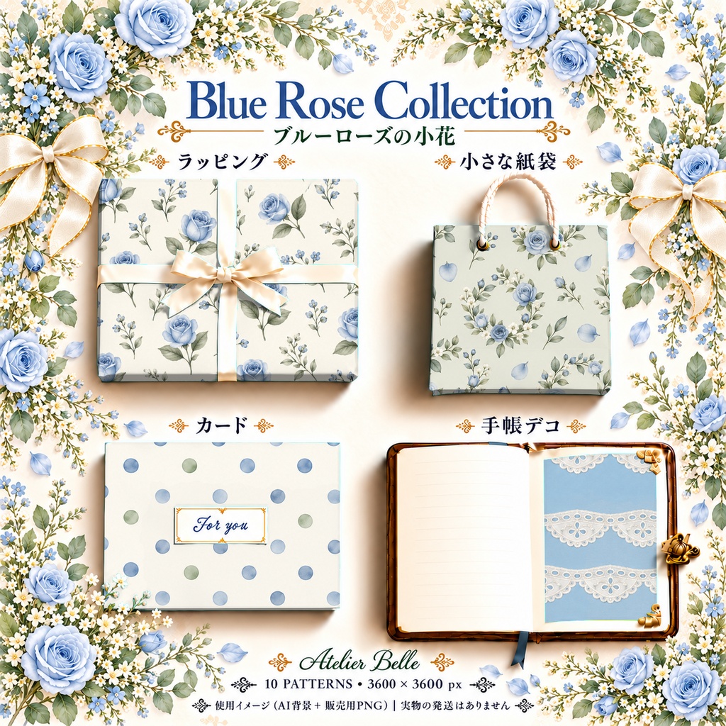 Blue Rose Collection|ブルーローズの小花・青いバラと小花柄|水彩デジタルペーパー10枚|花柄・手帳素材・ラッピング|シームレスPNG|A4印刷用PDF付き