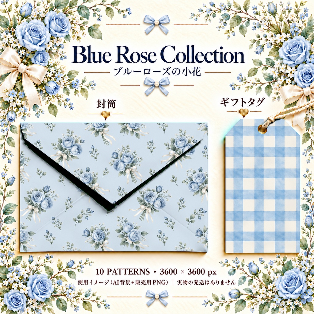 Blue Rose Collection|ブルーローズの小花・青いバラと小花柄|水彩デジタルペーパー10枚|花柄・手帳素材・ラッピング|シームレスPNG|A4印刷用PDF付き