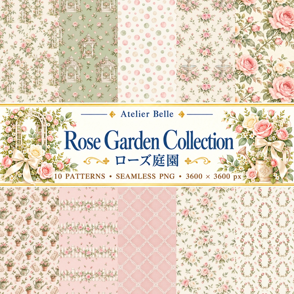 Rose Garden Collection｜ローズ庭園・バラと薔薇｜水彩デジタルペーパー10枚｜花柄・手帳素材・ラッピング｜シームレスPNG｜A4印刷用PDF付き