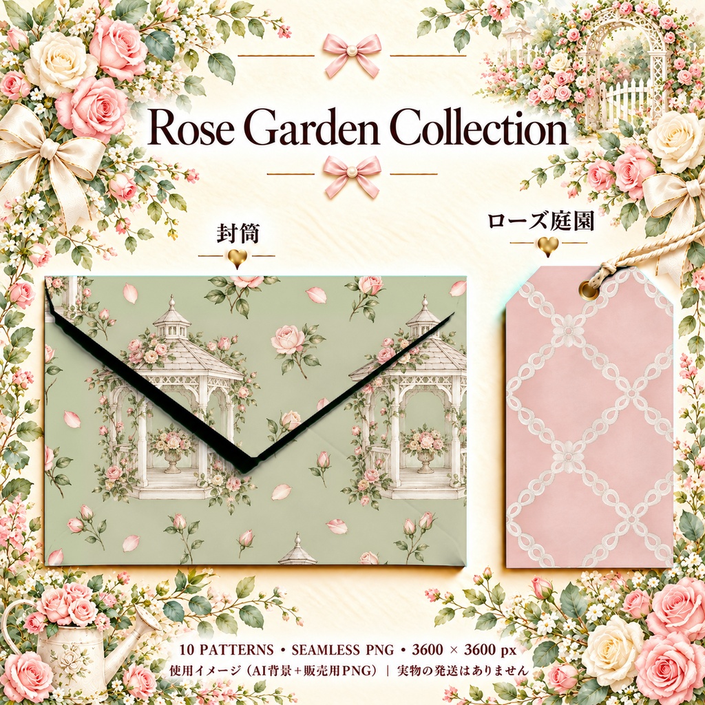 Rose Garden Collection|ローズ庭園・バラと薔薇|水彩デジタルペーパー10枚|花柄・手帳素材・ラッピング|シームレスPNG|A4印刷用PDF付き