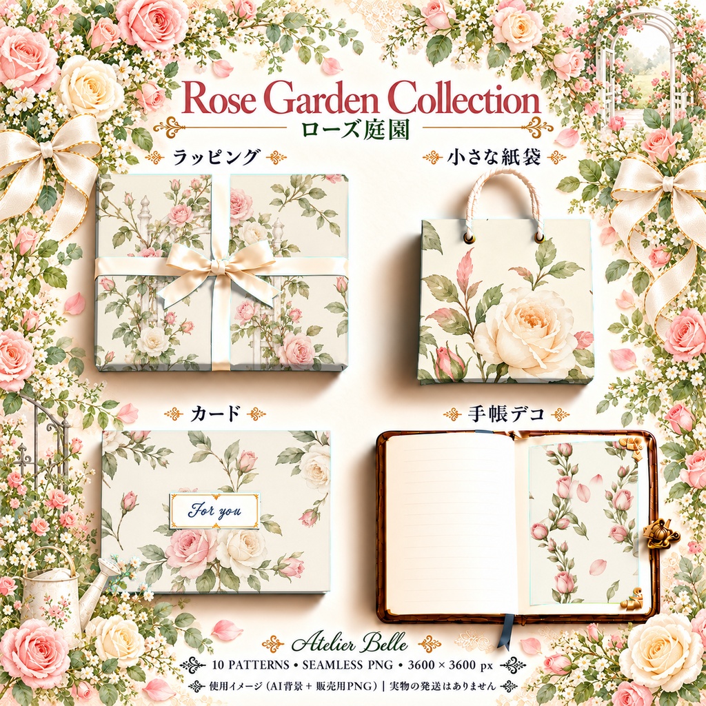 Rose Garden Collection|ローズ庭園・バラと薔薇|水彩デジタルペーパー10枚|花柄・手帳素材・ラッピング|シームレスPNG|A4印刷用PDF付き