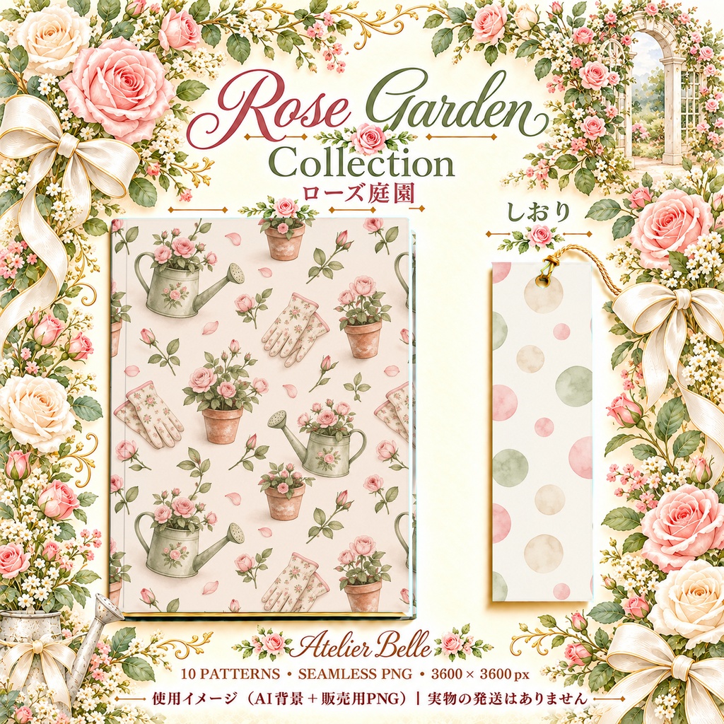 Rose Garden Collection|ローズ庭園・バラと薔薇|水彩デジタルペーパー10枚|花柄・手帳素材・ラッピング|シームレスPNG|A4印刷用PDF付き