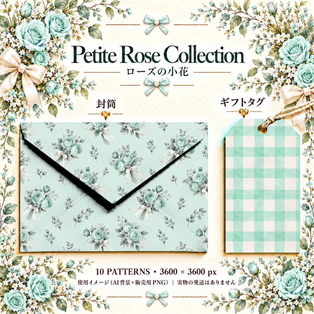 Petite Rose Collection – Mint Green|ミントグリーンのローズ小花・ミントグリーンのバラ・小花柄|水彩デジタルペーパー10枚|花柄・手帳素材・ラッピング|シームレスPNG|A4印刷用PDF付き