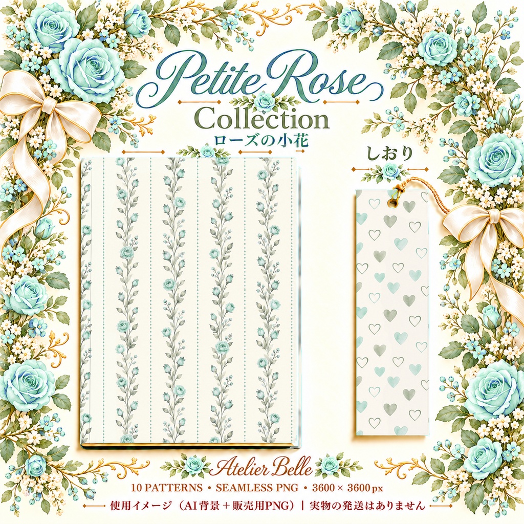 Petite Rose Collection – Mint Green|ミントグリーンのローズ小花・ミントグリーンのバラ・小花柄|水彩デジタルペーパー10枚|花柄・手帳素材・ラッピング|シームレスPNG|A4印刷用PDF付き