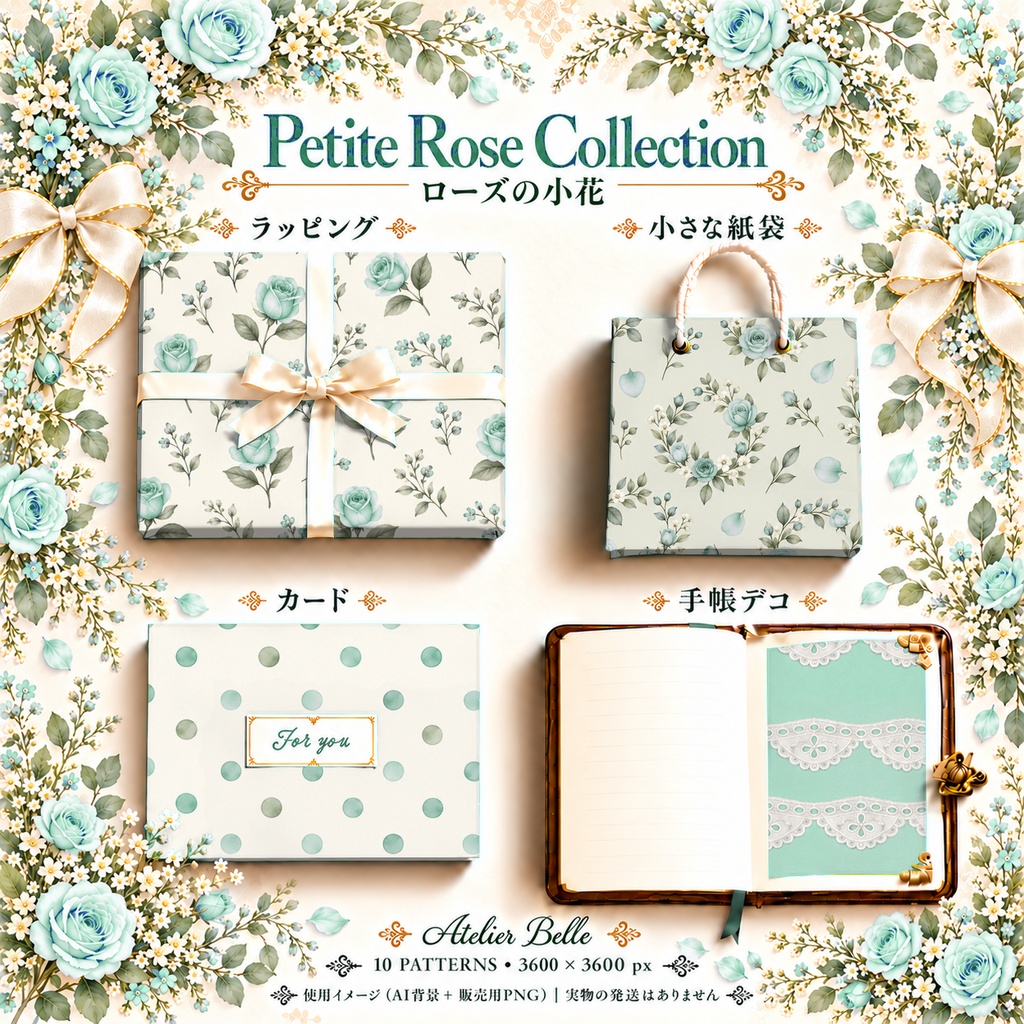 Petite Rose Collection – Mint Green|ミントグリーンのローズ小花・ミントグリーンのバラ・小花柄|水彩デジタルペーパー10枚|花柄・手帳素材・ラッピング|シームレスPNG|A4印刷用PDF付き