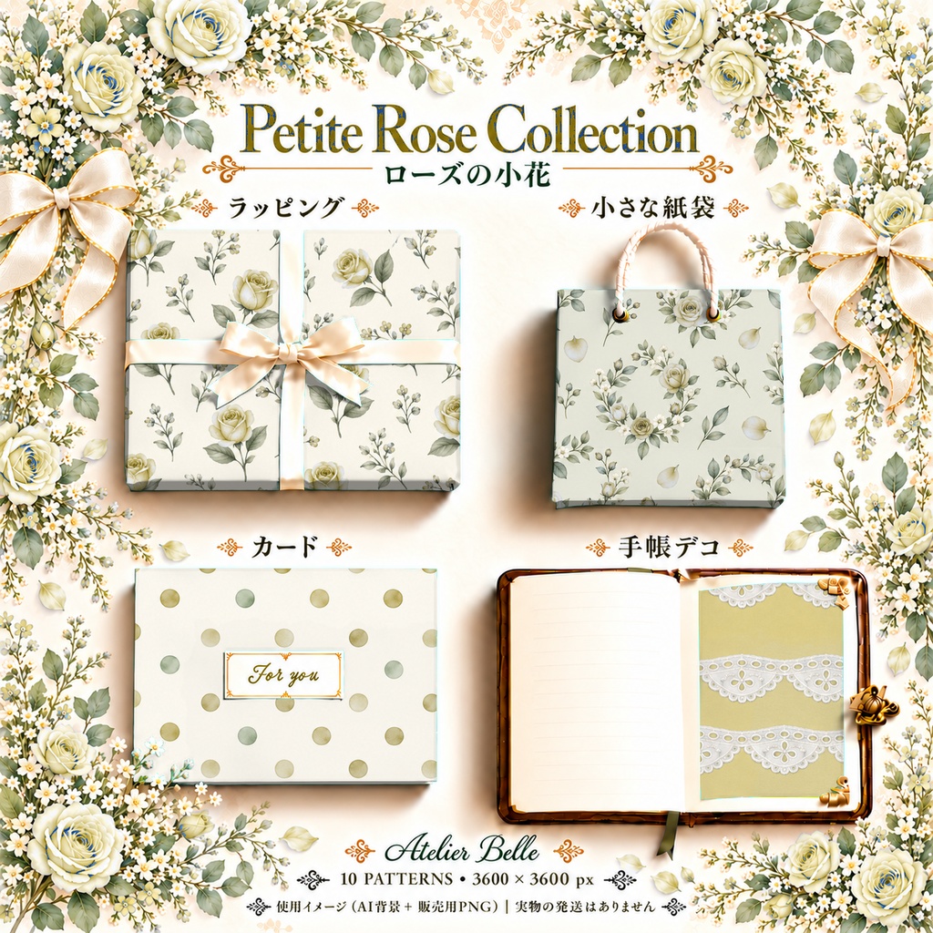 Petite Rose Collection – Yellow|黄色のローズ小花・黄色のバラ・小花柄|水彩デジタルペーパー10枚|花柄・手帳素材・ラッピング|シームレスPNG|A4印刷用PDF付き