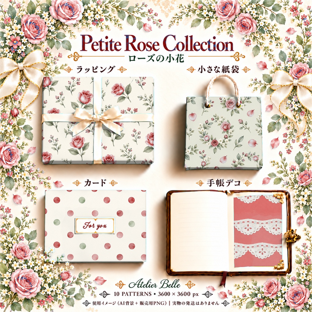 Petite Rose Collection – Red|赤のローズ小花・赤のバラ・小花柄|水彩デジタルペーパー10枚|花柄・手帳素材・ラッピング|シームレスPNG|A4印刷用PDF付き