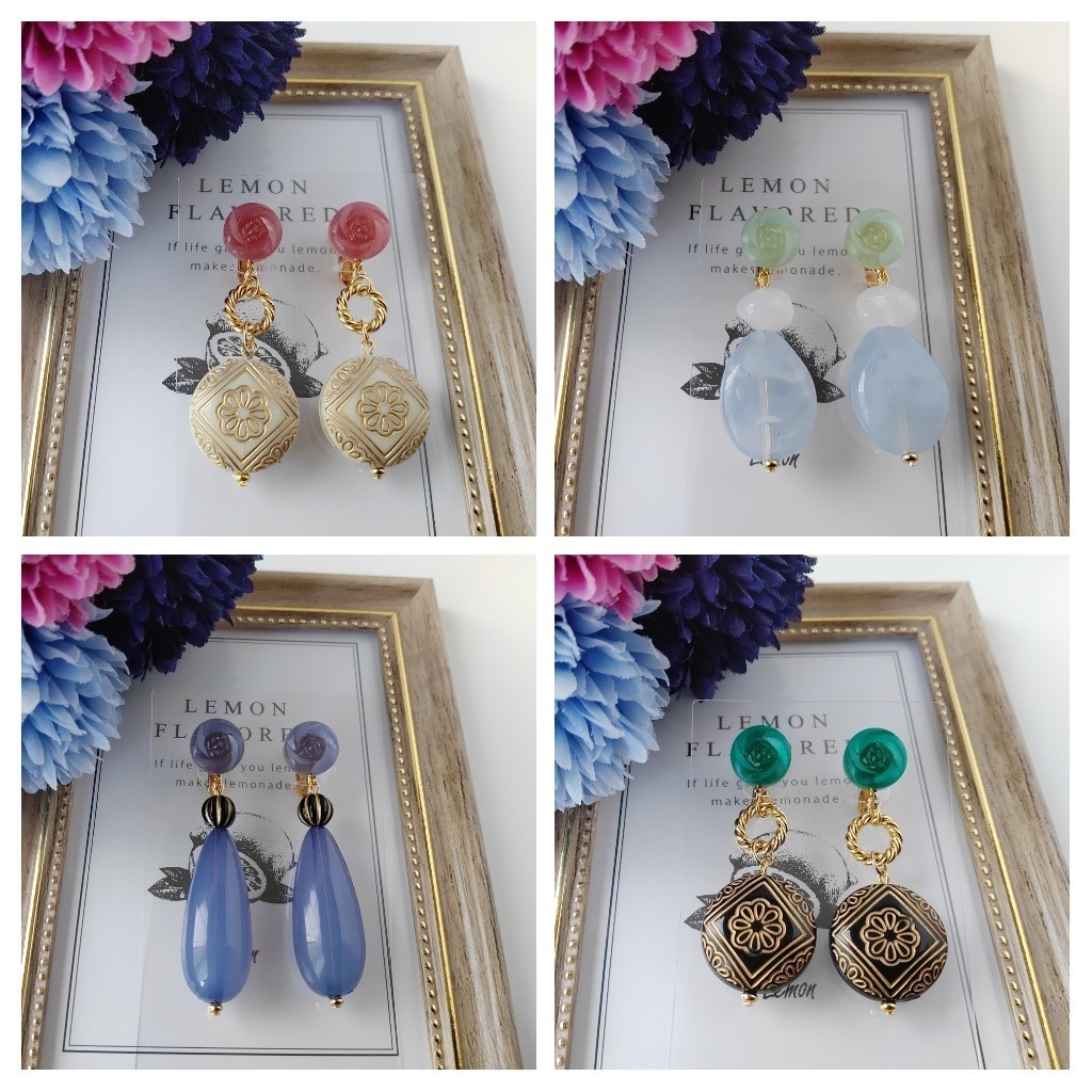 ローズキャンディ風レジン大振りイヤリング（4色）