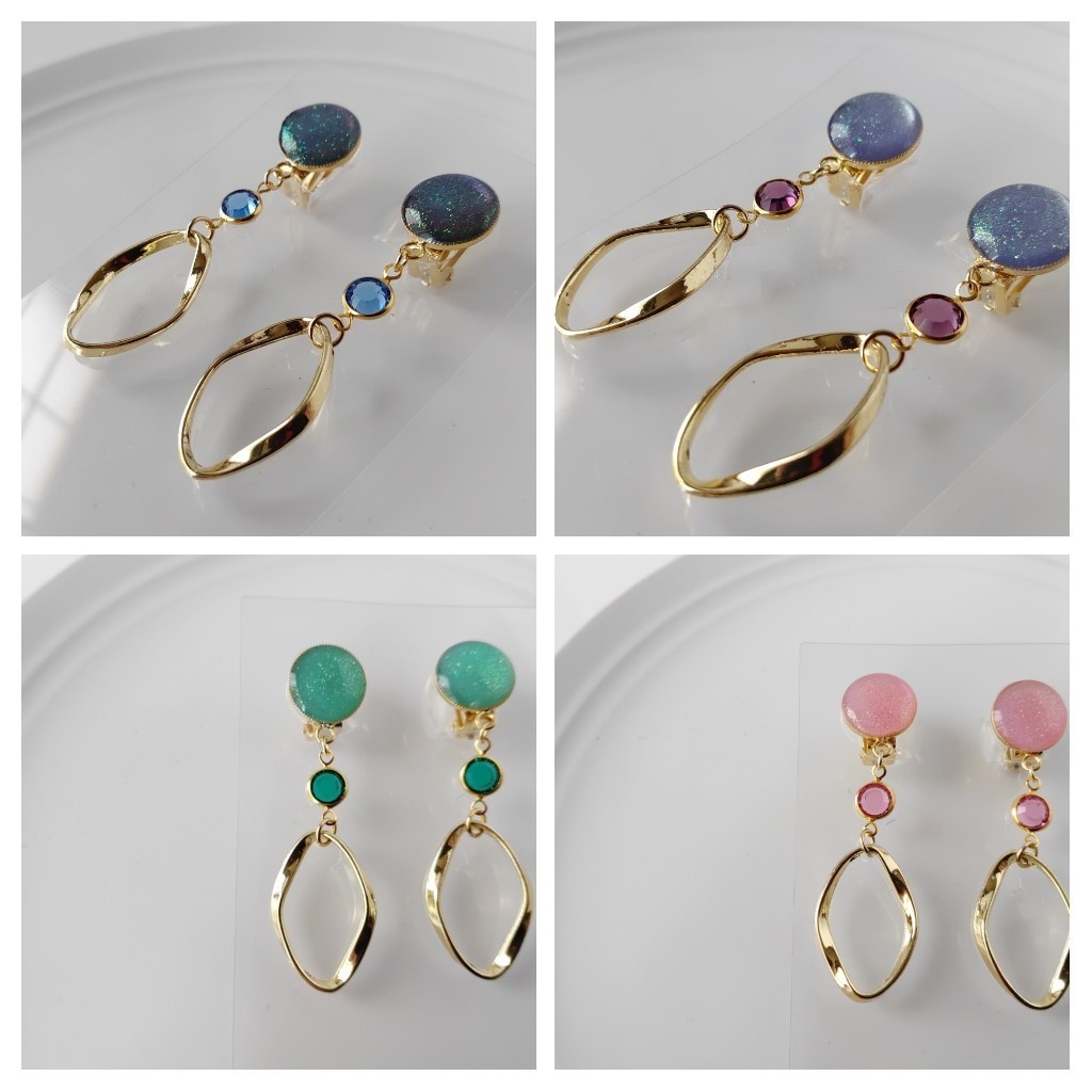 楕円形リングの蝶バネ式イヤリング【4色】