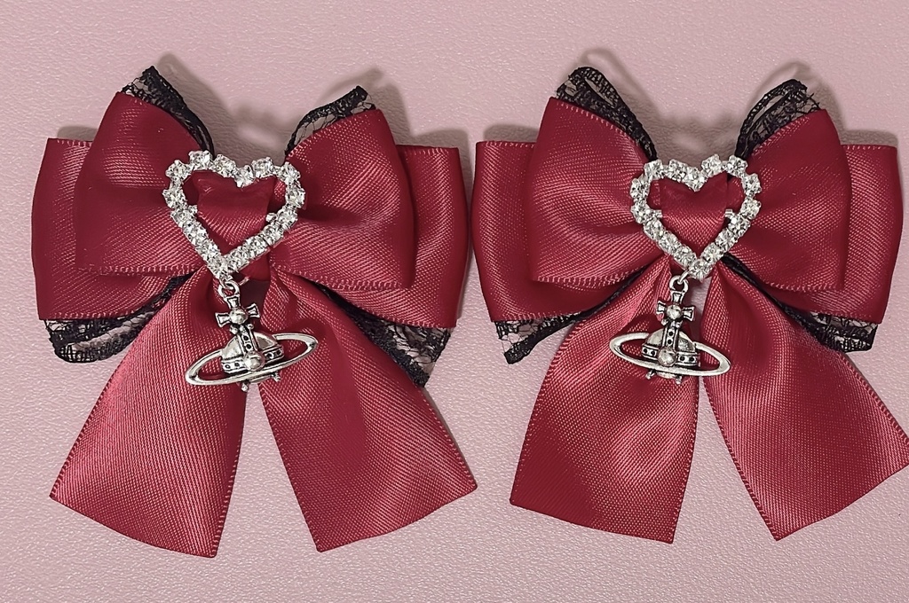 リボンヘアクリップ ダークレッド赤 惑星 ♡量産型地雷系ハンドメイドゴスロリ病みかわいいハートロリィタアイドル推し色