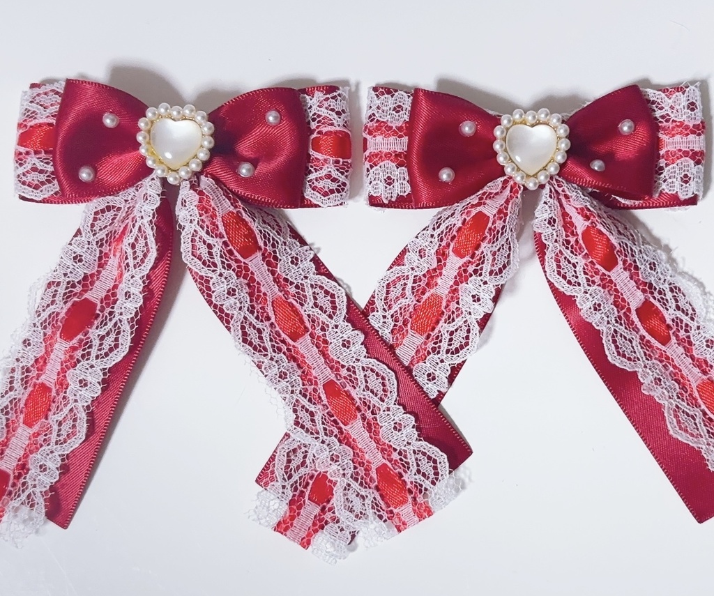 パールハート リボンヘアクリップ 赤♡量産型地雷系ハンドメイドアクセサリーロリータヘアメゆめかわいい推し活カラーホワイト白病みかわいいアイドル