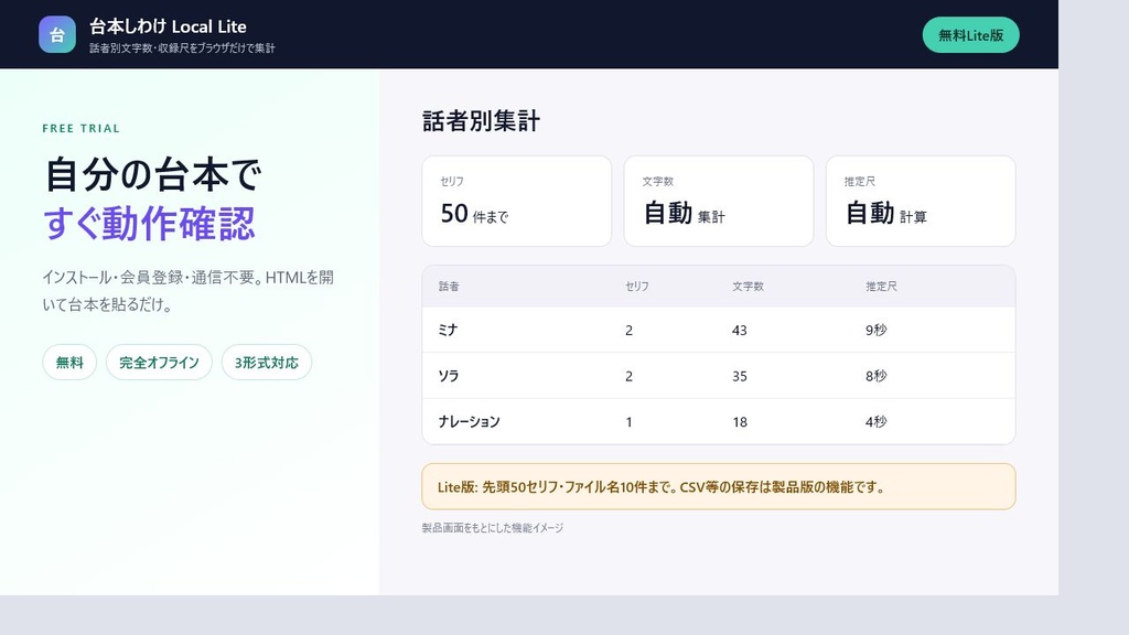 【無料版】台本しわけ Local Lite|話者別文字数と収録尺をブラウザだけで集計