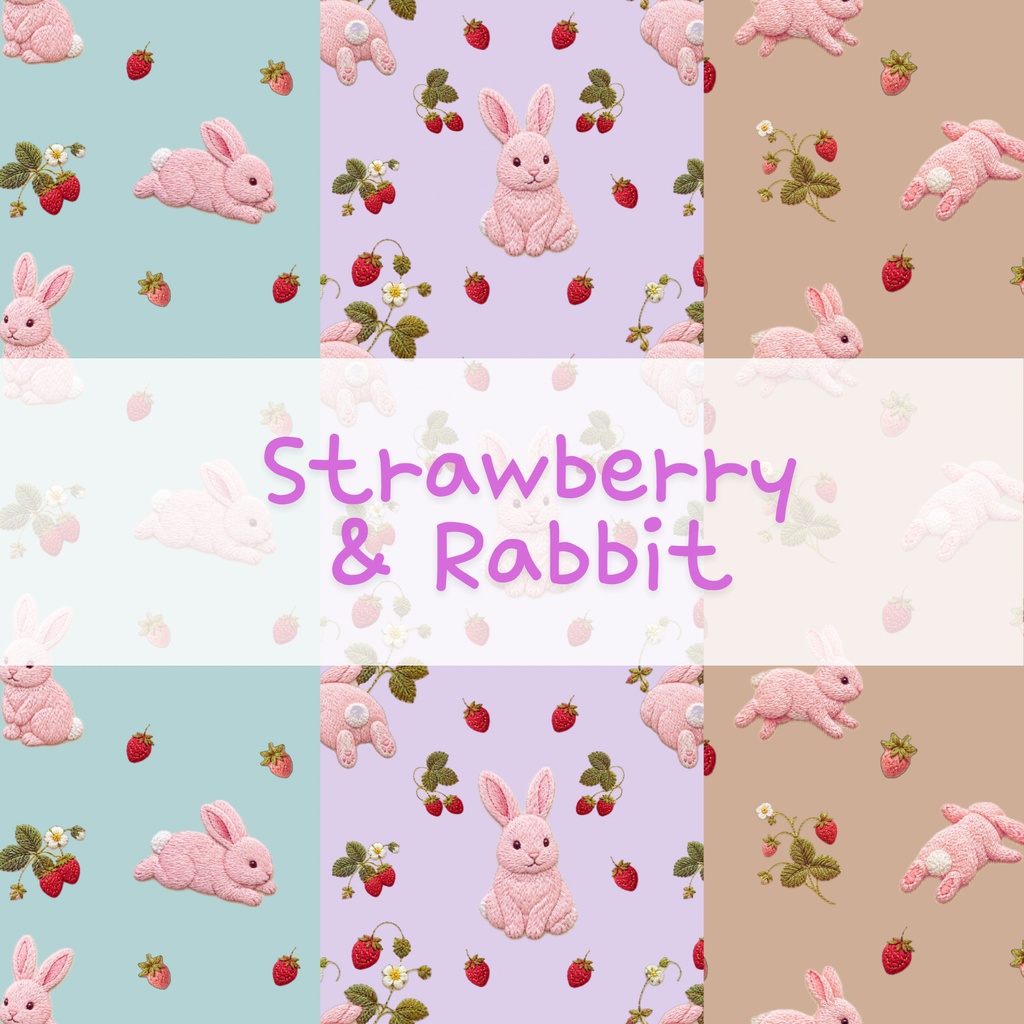 Strawberry &Rabbit 🍓刺繍画風デジタルペーパー　3枚セット