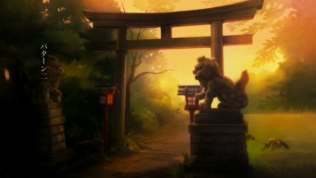 【手描き背景】健やかな夕暮れの神社背景セット【怪談・民俗学配信などに】