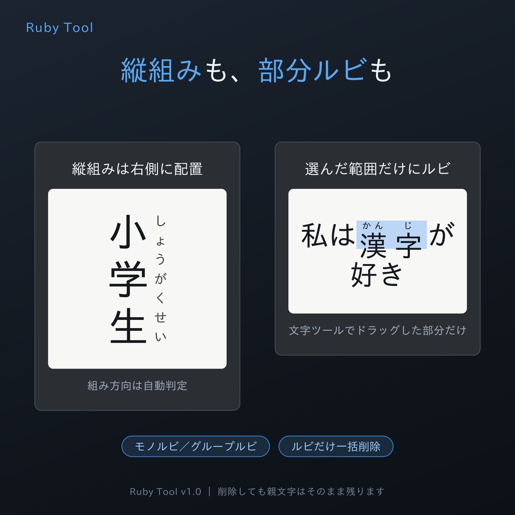 【Illustrator用自動ルビ振りパネル】ルビツール ─ 読みは自動。選んで、押すだけ。