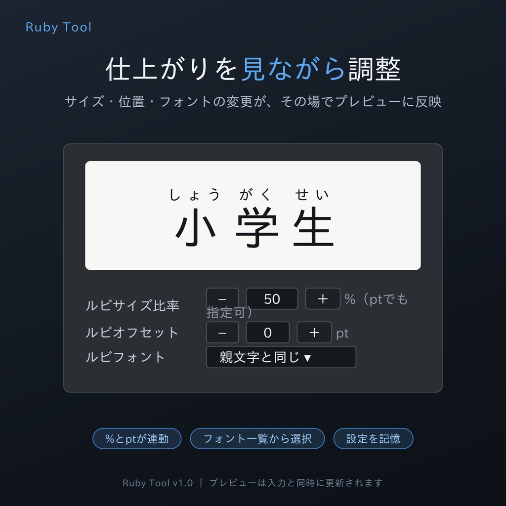 【Illustrator用自動ルビ振りパネル】ルビツール ─ 読みは自動。選んで、押すだけ。