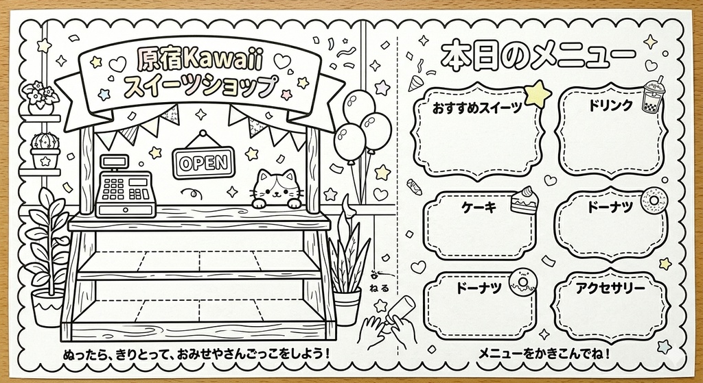 【おうちで原宿おままごと】ぬって・きって・デコる!Kawaii塗り絵&おままごとセット(豪華8枚組)