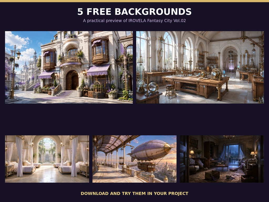 【無料版・5枚】IROVELA Fantasy Background Collection Vol.02|幻想都市の日常と冒険拠点