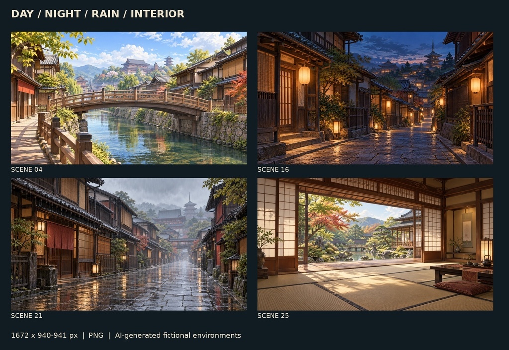 【背景素材25枚】和風幻想古都 ― 灯りと路地の物語|商用利用可・PNG|IROVELA Vol.03