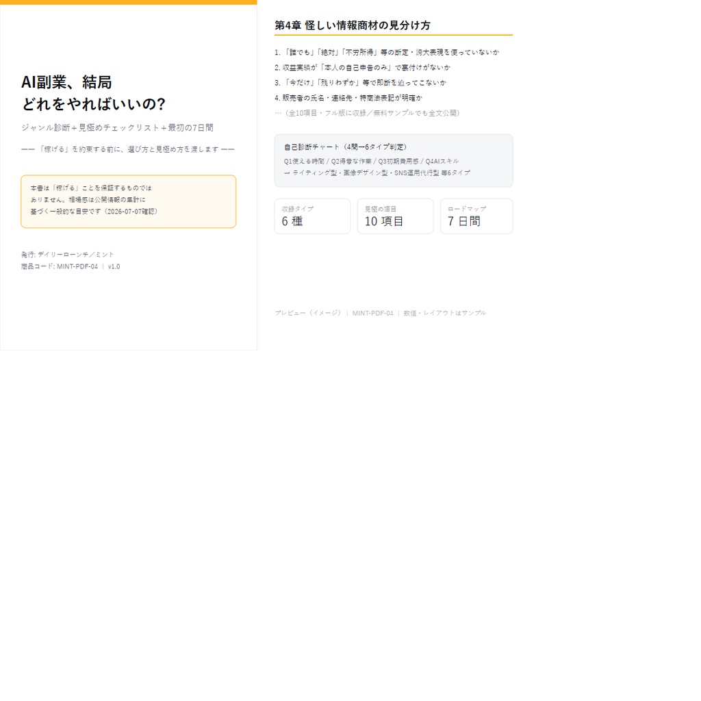 【無料サンプル】AI副業、結局どれをやればいいの? ジャンル診断＋見極めチェックリスト＋最初の7日間