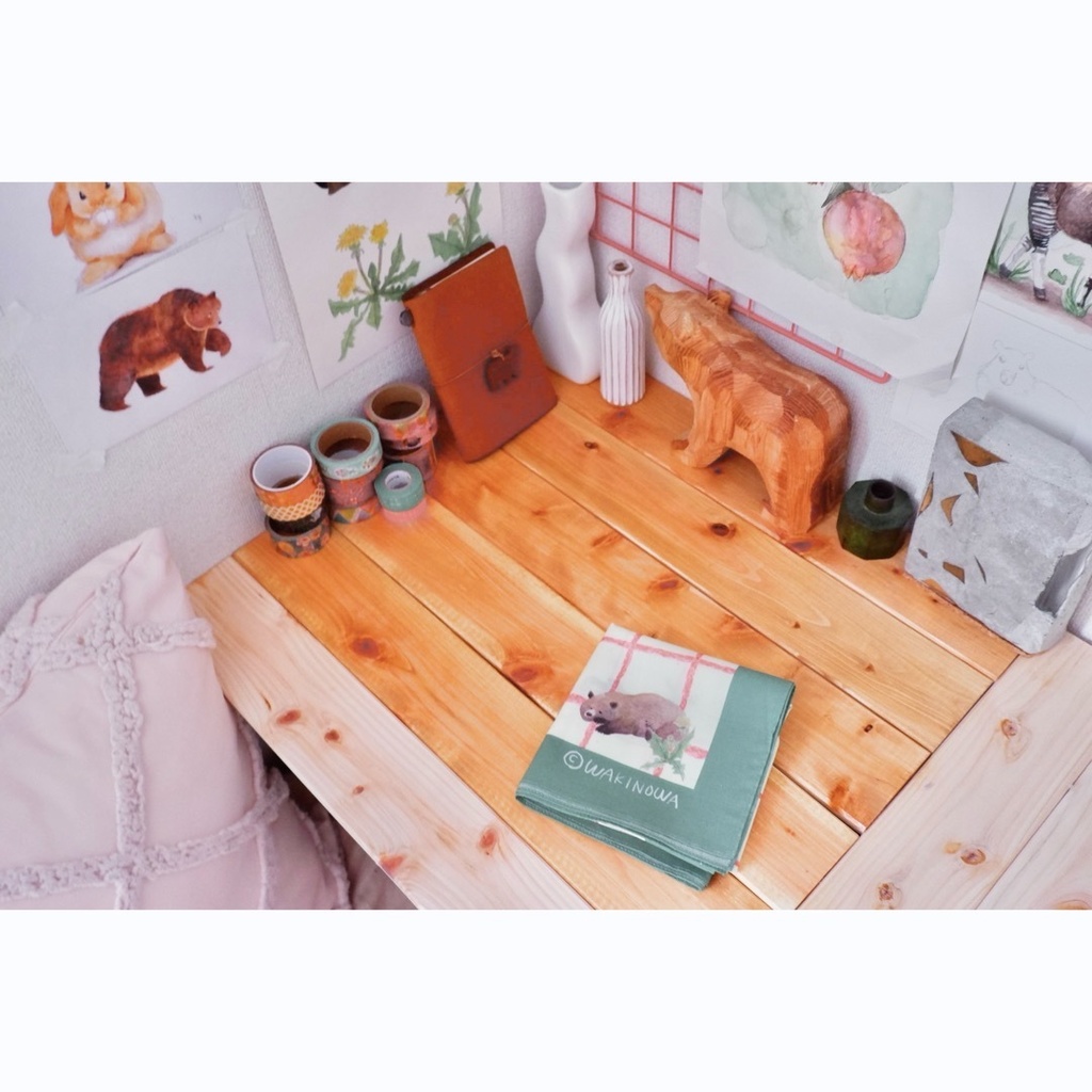 たんぽぽとくまのチェックハンカチ