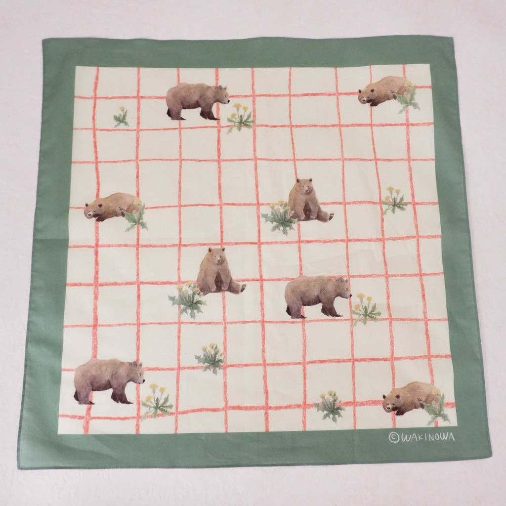 たんぽぽとくまのチェックハンカチ