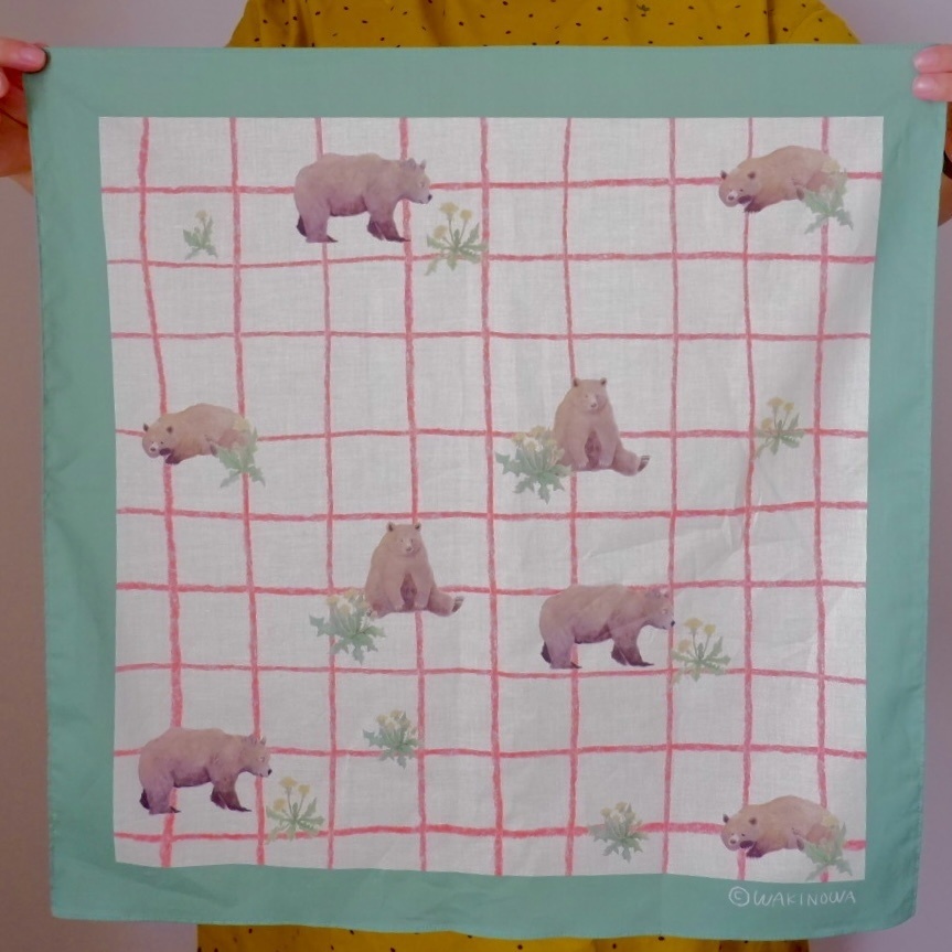 たんぽぽとくまのチェックハンカチ