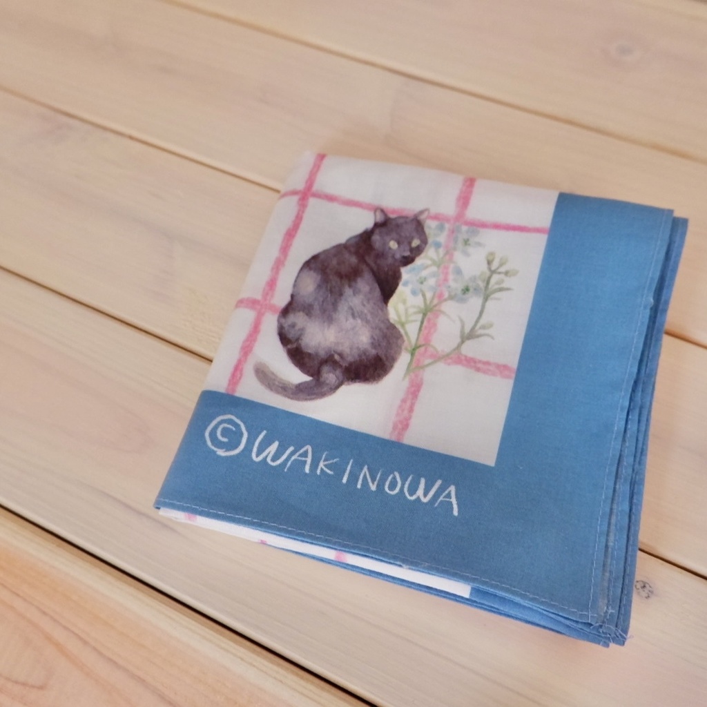 デルフィニウムとねこたちのハンカチ