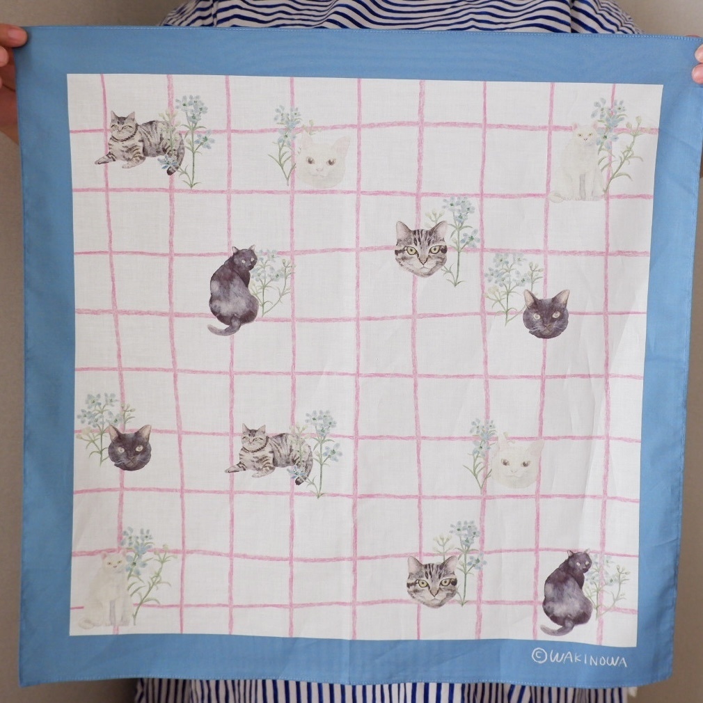 デルフィニウムとねこたちのハンカチ