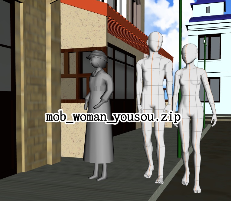 【3D背景素材】レトロな町の人々 ~モブオブジェクト~グレースケール