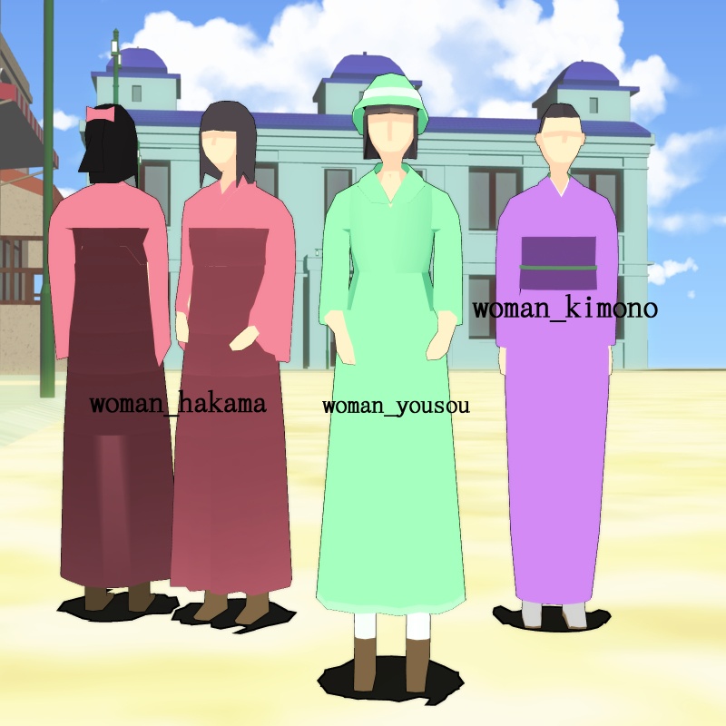 【3D背景素材】レトロな町の人々 ~モブオブジェクト~ カラー