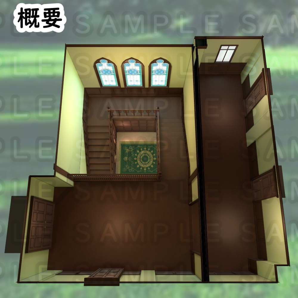 【3D背景素材】学園寮の光輝な階段部屋・洋館の階段 (付属品有)