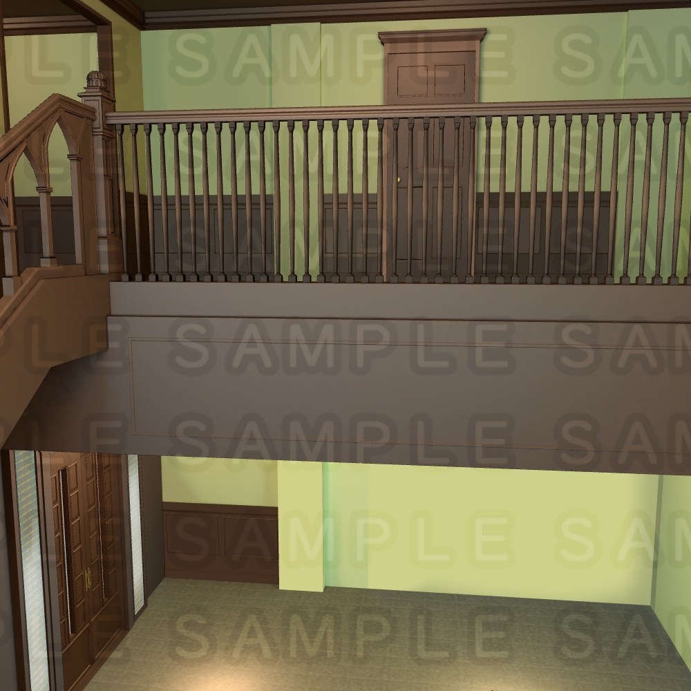 【3D背景素材】学園寮の光輝な階段部屋・洋館の階段 (付属品有)