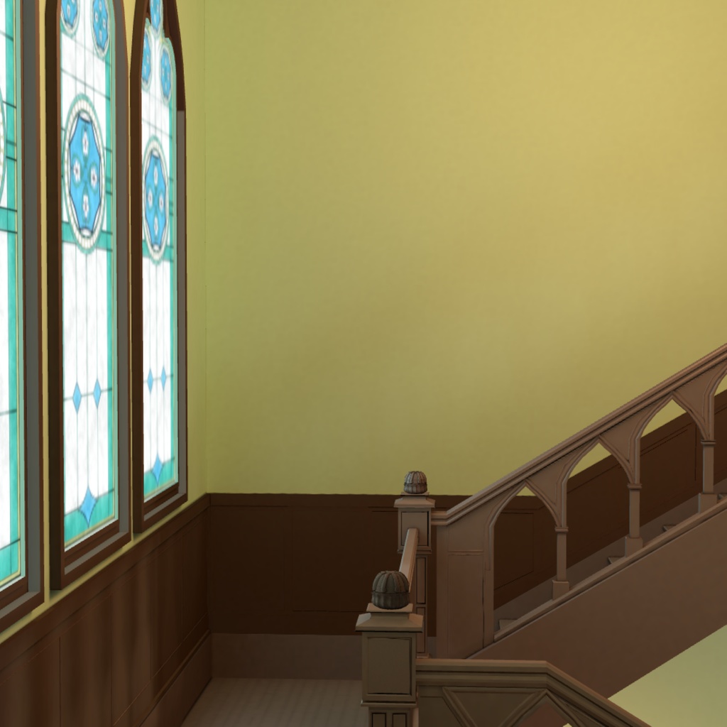 【3D背景素材】学園寮の光輝な階段部屋・洋館の階段 (付属品有)