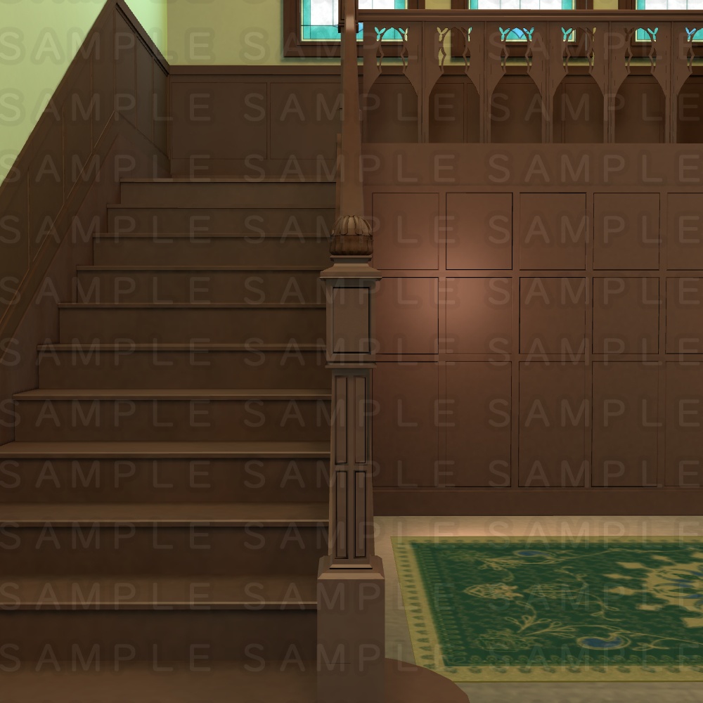 【3D背景素材】学園寮の光輝な階段部屋・洋館の階段 (付属品有)
