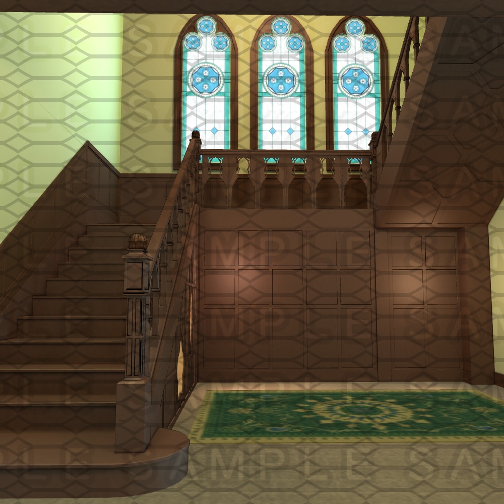 【3D背景素材】学園寮の光輝な階段部屋・洋館の階段 (付属品有)