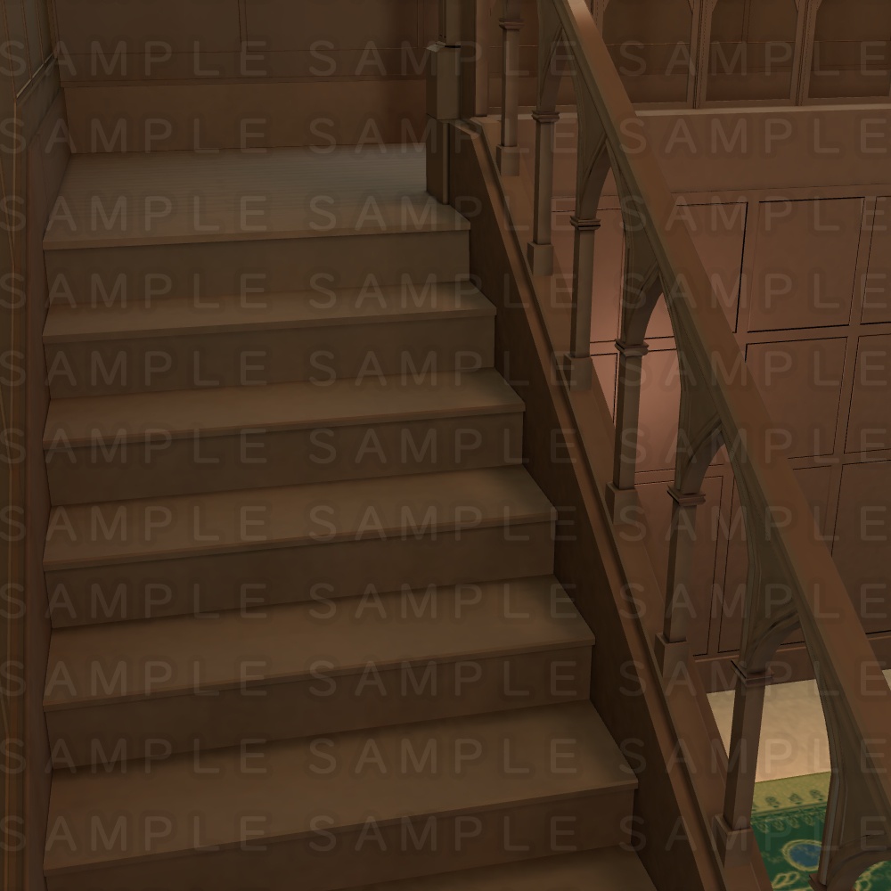 【3D背景素材】学園寮の光輝な階段部屋・洋館の階段 (付属品有)