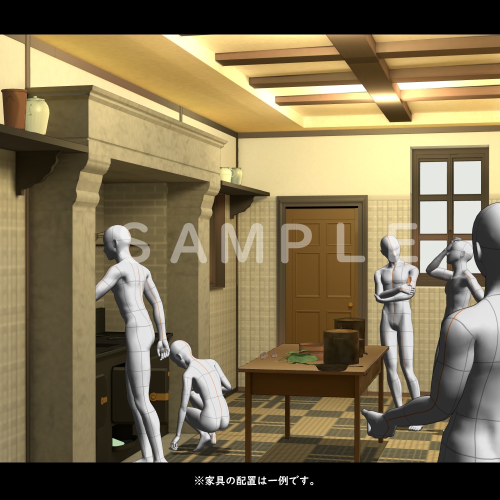 【3D背景素材】学園寮のアルカイックキッチン(山荘・洋館のキッチン)