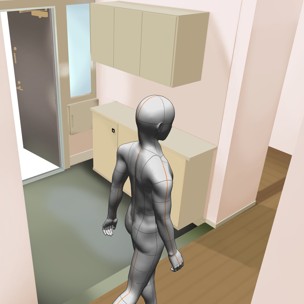 【3D背景素材】部屋数の多いマンション廊下+玄関