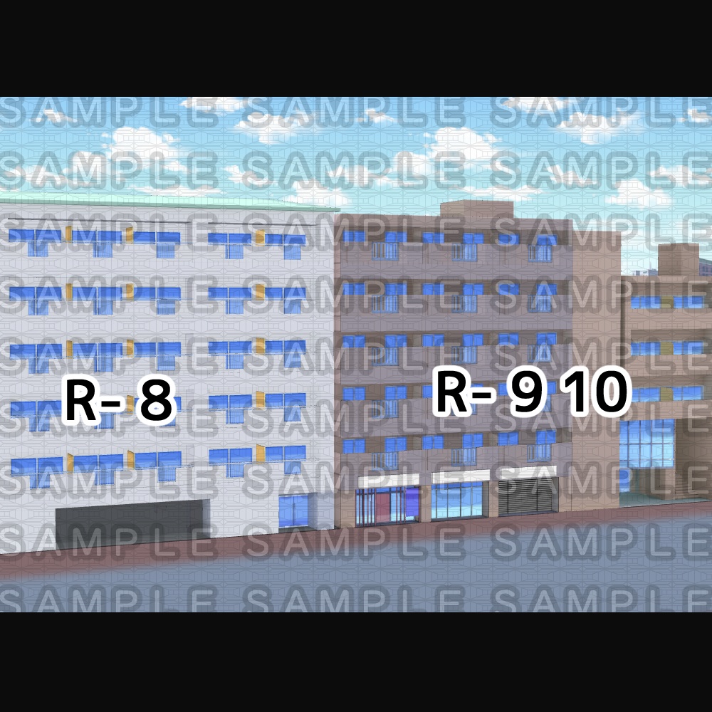 【3D背景素材】都会の街のビル群の一角・多目的飲食店とビル群TYPE/R1~・イベントスポット