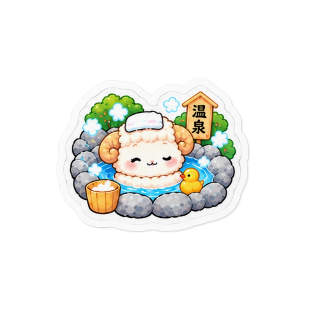 【冬の温泉】ほっこり羊ちゃん♨️|かわいい和風イラストステッカー Cute Sheep in a Japanese Hot Spring – Kawaii Winter Sticker