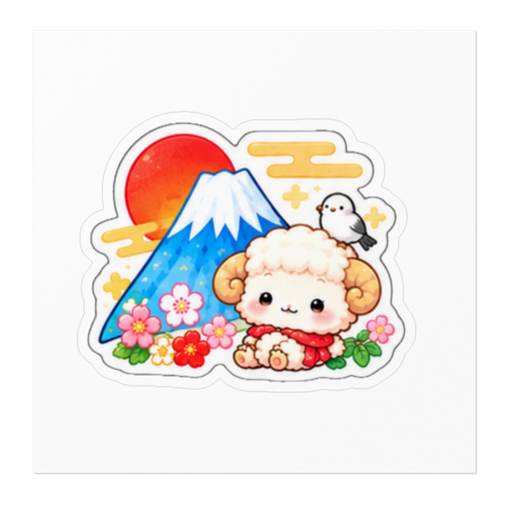 【2027年お正月】富士山と初日の出の羊ちゃん&シマエナガ|和風ステッカー Cute Mount Fuji & First Sunrise Sticker – Japanese New Year 2027