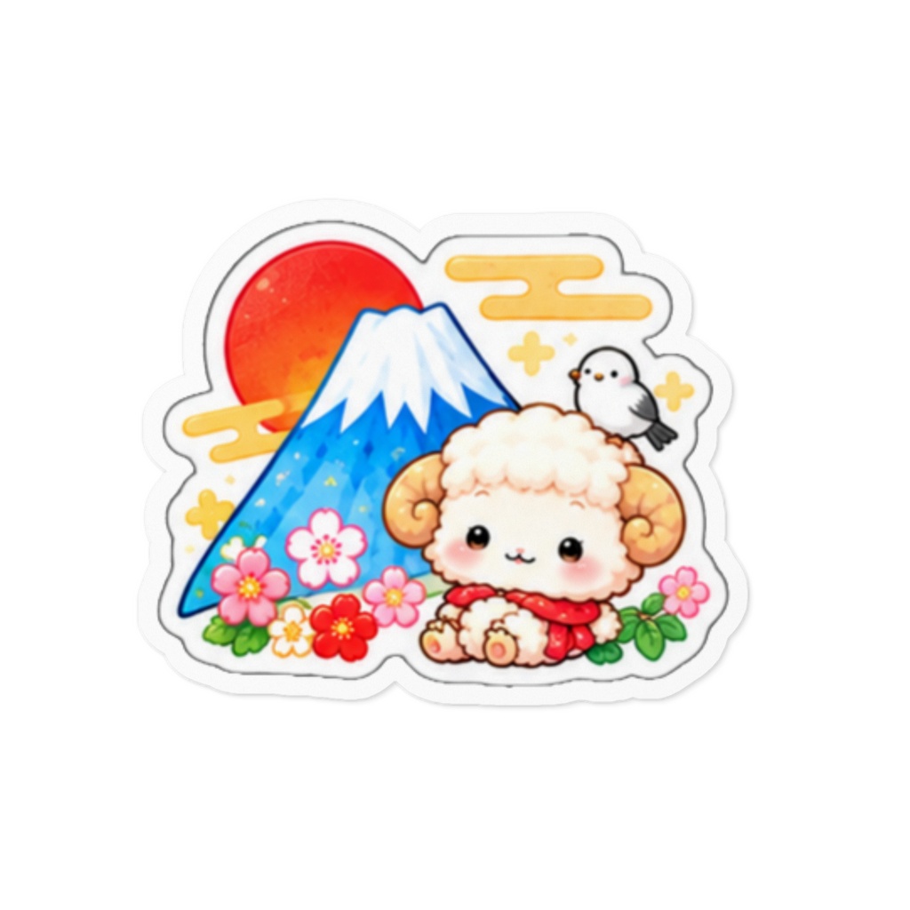 【2027年お正月】富士山と初日の出の羊ちゃん＆シマエナガ｜和風ステッカー　Cute Mount Fuji & First Sunrise Sticker – Japanese New Year 2027